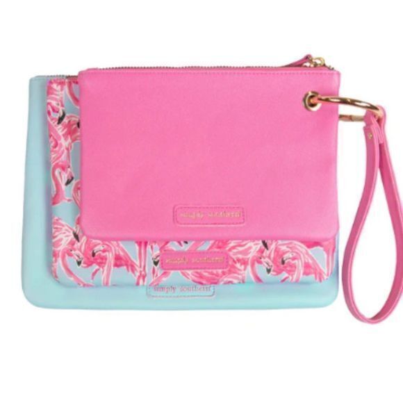NWT Simply Southern Women's Flamingo 3‎ in 1 Clutch/Wallet Leather Set Pink/Blue - Picture 1 of 4